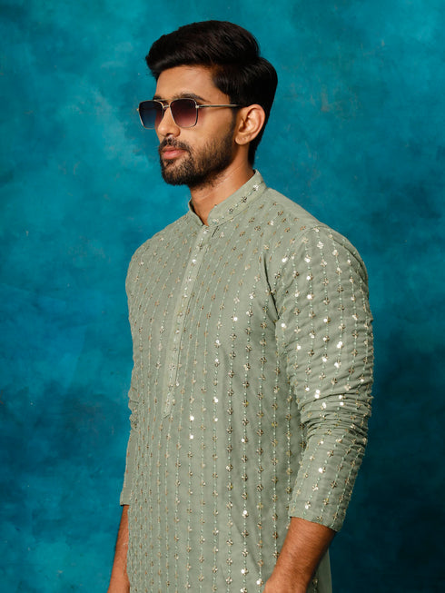 Men's Mint Green Georgette Sequins  Kurta